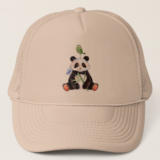 Casquette Illustration des aquarelles panda et oiseaux (Devant)