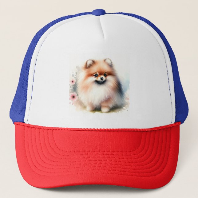 Casquette Image d'aquarelle mignonne Pomeranian (Devant)