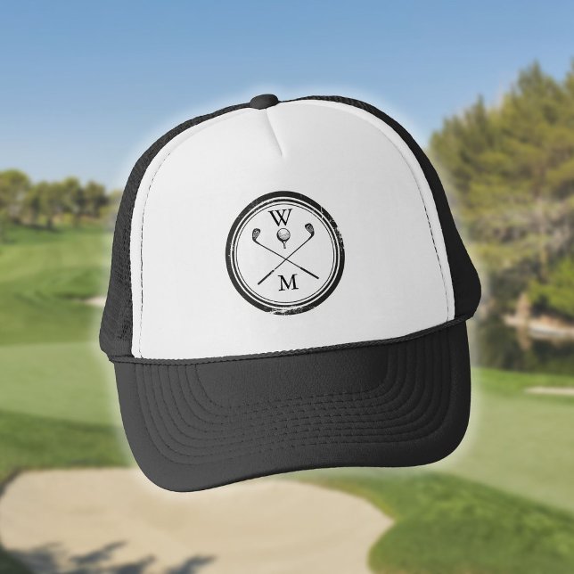 Casquette Initiales monogramme Golf noir et blanc (Monogram Initials Black and White Golf Trucker Hat)