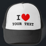 Casquette J'aime la coutume J'aime chapeau camionneur<br><div class="desc">J'adore la coutume J'aime chapeau camionneur. Faites votre propre casquette amusant. Exemples : Je coeur burritos,  je coeur vin,  je vous coeur,  etc. Personnalisez ce modèle avec votre propre texte amusant.</div>