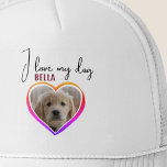 Casquette J'aime mon chien Coeur Photo Nom de l'animal<br><div class="desc">J'adore mon Chien Coeur Photo Pet Nom Trucker Chapeau. Une photo en forme de coeur. et un texte en écriture tendance. Ajoutez votre photo et votre nom.</div>