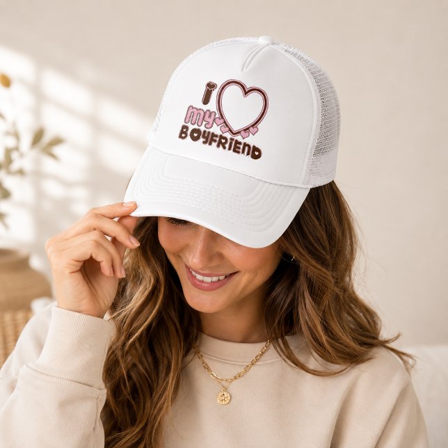Casquette J'aime mon petit ami chapeau marron rose (Créateur téléchargé)