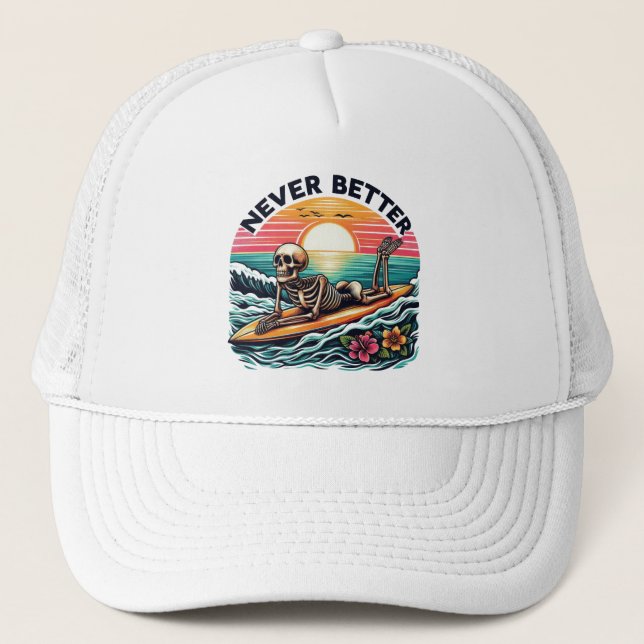 Casquette Jamais mieux - Skeleton Surfing Sunset Wave Design (Devant)