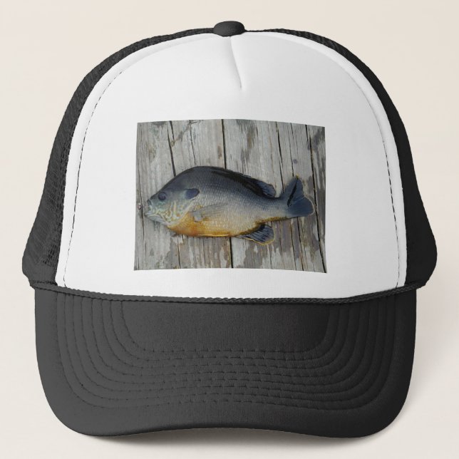Casquette jaune bleu violet turquoise, poisson rouge sur qua (Devant)