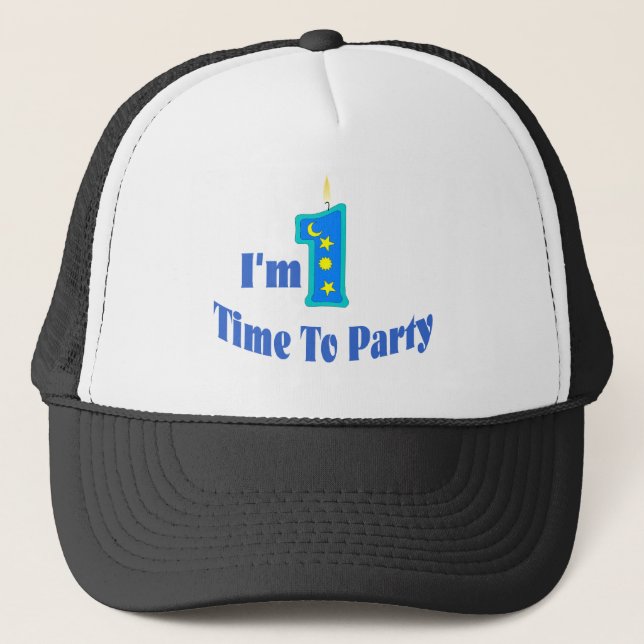 Casquette Je suis la 1 heure de party. (bleu) (Devant)