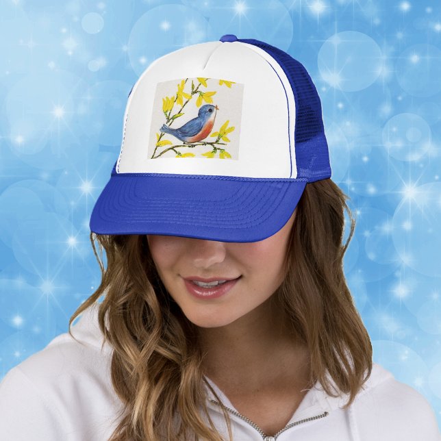 Casquette Joli Arbre d'Oiseau Bleu Chantant (Little singing blue red bird on branch yellow flowers on ball cap.)