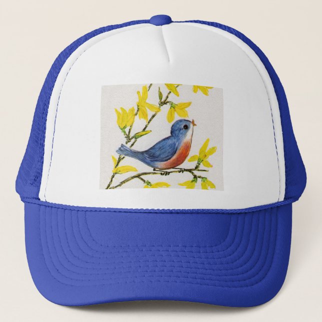 Casquette Joli Chanteur Oiseau Bleu Arbre (Devant)
