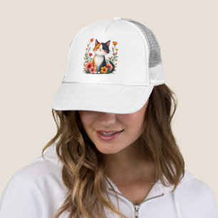 Casquette Joli Chat Calico avec Esthétique Florale Cottageco
