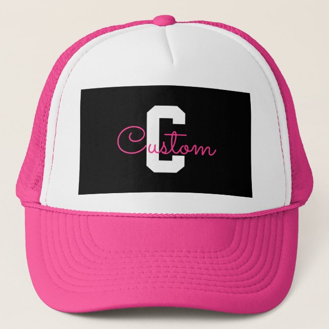 Casquette Joli nom et monogramme | Noir Blanc et Rose (Devant)