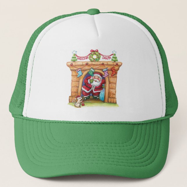 Casquette Joli Père Noël de dessin animé descendant la chemi (Devant)