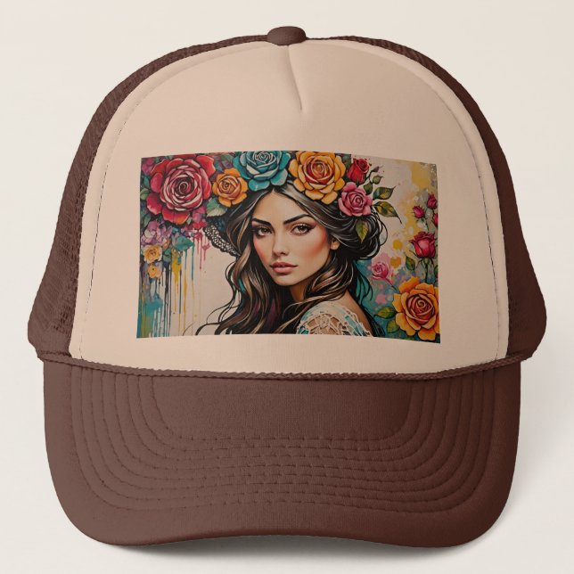 Casquette Jolie fille avec Roses et poudrières de peinture F (Devant)