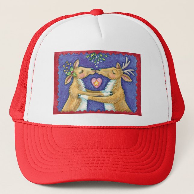 Casquette Jolis rennes de Noël, baiser romantique avec gui (Devant)
