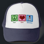 Casquette Joueur de Badminton Peace Love<br><div class="desc">Un signe de paix, le coeur, et la billetterie de badminton décorent ce joli cadeau casquette joueur de badminton. Peace Love casquette de Badminton.</div>