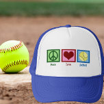 Casquette Joueur de softball Peace Love<br><div class="desc">Peace Love Softball cadeau. Un signe de paix,  un coeur et un softball. Un cadeau cool pour un joueur de softball.</div>