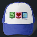 Casquette Joueur de Trombone Peace Love<br><div class="desc">Peace Love Trombone casquette pour un membre du groupe qui aime jouer d'un instrument en laiton. Un joli signe de paix,  un coeur et un trombone.</div>