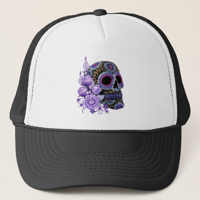 Casquette Jour De La Mort Du Crâne De Sucre Noir Violet Flor (Devant)