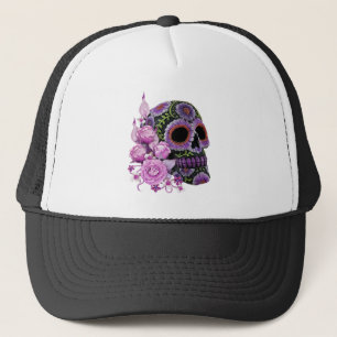 Casquette Jour noir floral rose de crâne de sucre des morts
