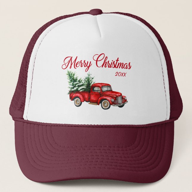 Casquette Joyeux Noël Année Aquarelle Vintage Camion rouge (Devant)