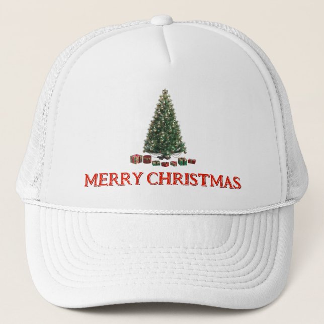 Casquette Joyeux Noël. Arbre (modèle 1) avec cadeaux (Devant)
