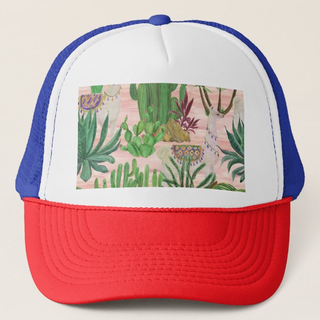 Casquette Lamas aquarelle et motif cactus. (Devant)