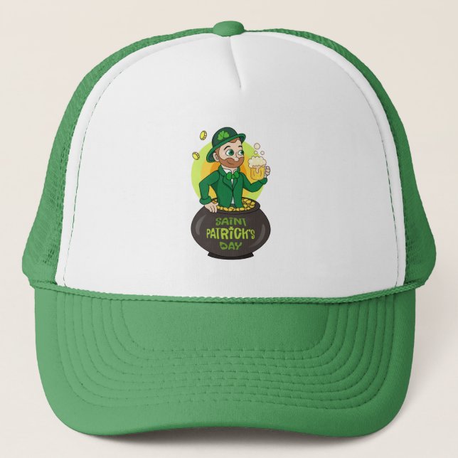 Casquette Leprechaun de dessin dans une casserole d'or tenan (Devant)