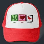 Casquette Les cardinaux de l'amour pour la paix<br><div class="desc">Un joli cadeau cardinal avec un signe de paix,  un coeur et un bel oiseau rouge. Un joli cadeau d'oiseaux pour un observateur d'oiseaux qui aime observer les oiseaux magnifiques et collectionner les cadeaux d'oiseaux cool. Peace Love Cardinals.</div>