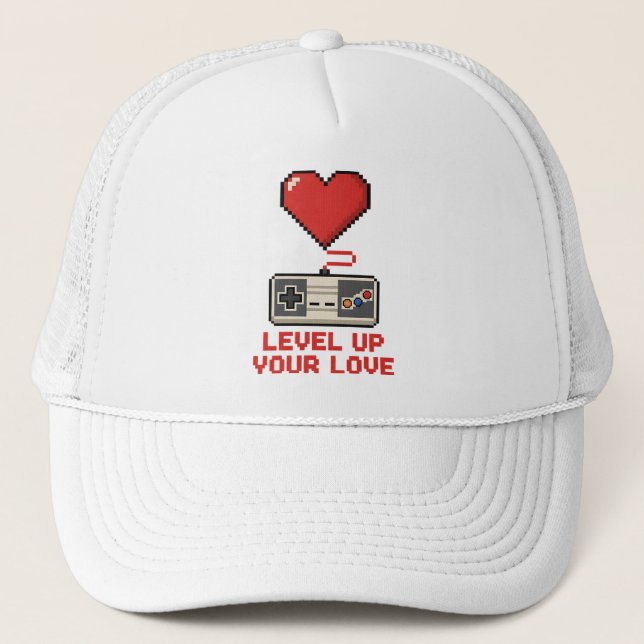 Casquette Level Up Your Love, Retro Pixel Gaming Design (Devant)