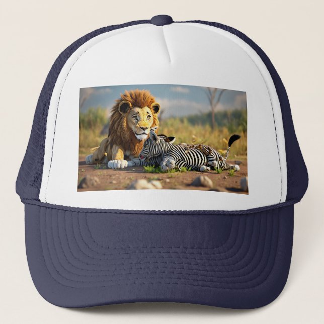 Casquette Lion de dessin animé 3D mangeant un zèbre – Scène  (Devant)