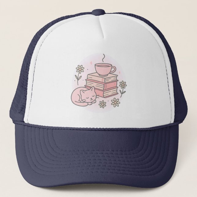 Casquette Livre rose Chat et Coupe de Thé (Devant)