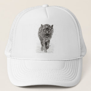 Casquette Loup noir en colère dans la neige, hiver sauvage