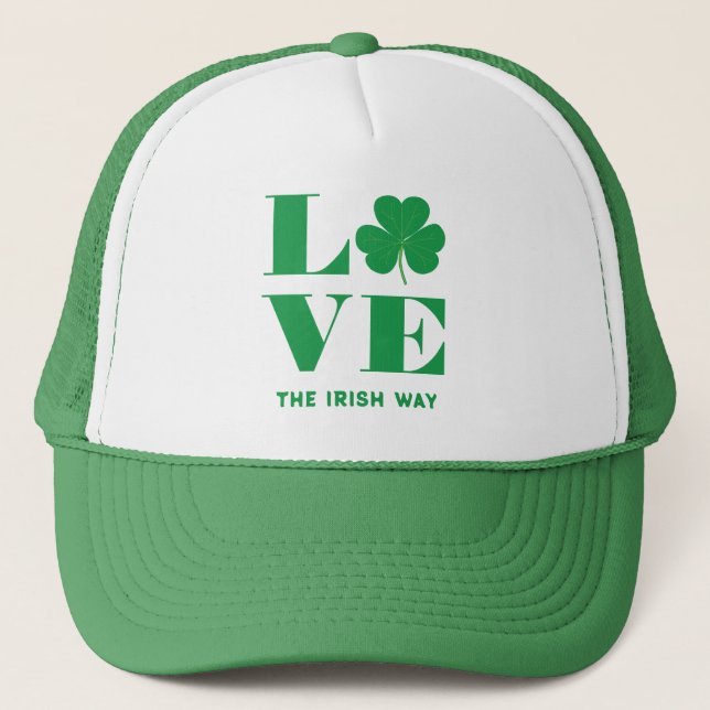 Casquette Love Shamrock Clover Irish Custom Text Vert Blanc (Devant)