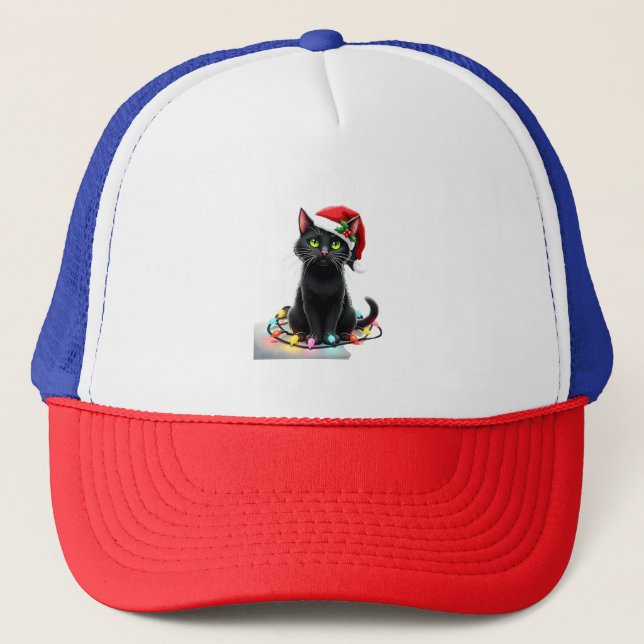 Casquette Lumières de Noël Chat Noir Chapeau de Père Noël Dr (Devant)