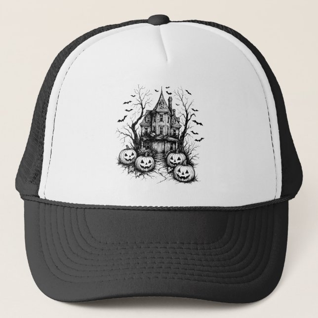 Casquette Maison hantée Halloween noir et blanc (Devant)