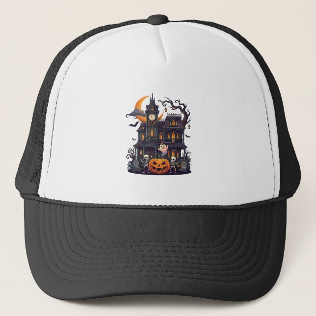 Casquette Maison Hantée Halloween Squelettes Citrouille Fant (Devant)
