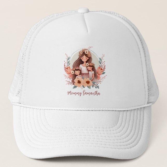 Casquette Maman et filles avec Arrière - plan de fleurs (Devant)