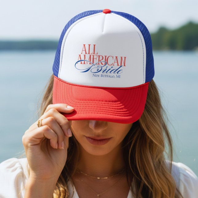 Casquette Mariée de l'Amérique Patriotique Enterrement de Vi (Luxury Script All American Bride Bachelorette Trucker Hat)