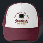 Casquette Maroon Graduate Custom Class of 2025 Graduation<br><div class="desc">Ces casquettes diplômés modernes marron et or coutume mettent en vedette votre nom de lycée ou de collège pour la classe de 2025. Customisez avec votre année de graduation sous le script manuscrit chic et le casquette noir grad pour une grande fête de graduation personnalisée faveur cadeau.</div>