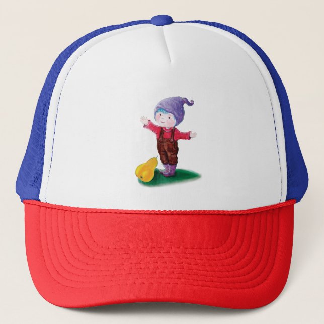 Casquette mauve Gnome avec cheveux et oreille bleu (Devant)