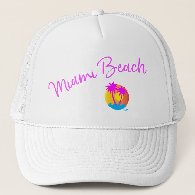 Casquette Miami Beach, Floride Palm Cool Typographie rose (Devant)