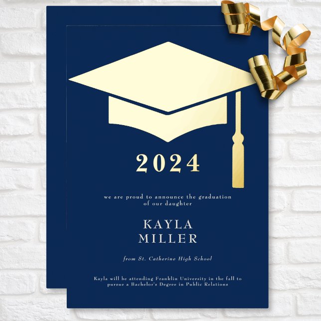 Casquette minimum bleu et blanc or Faire-part Grad (Minimal Blue & White Gold Cap Graduation Foil Invitation)