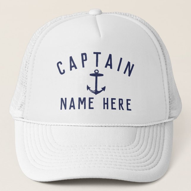 Casquette Modern Boat Captain Name Nautical Anchor Navy Blue (Devant)