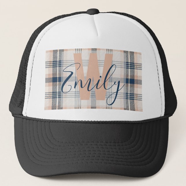Casquette Monogramme de crème bleue Tartan plaqué moderne (Devant)