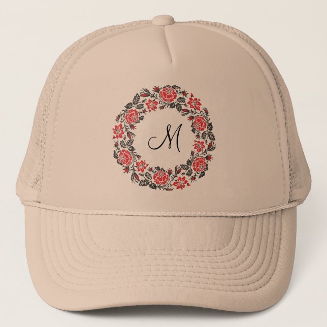 Casquette Monogramme initial des roses rouges à point croisé (Devant)