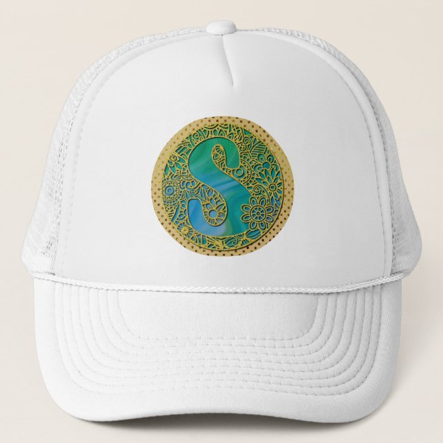 Casquette Monogramme Initial Moderne Lettre Dorée et Turquoi (Devant)