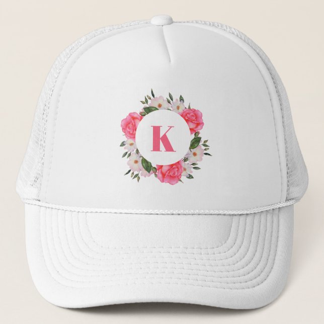 Casquette Monogramme rose et blanc Roses Cercle de couronne (Devant)