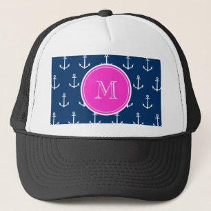 Casquette Motif blanc d'Ancres de bleu marine, monogramme de