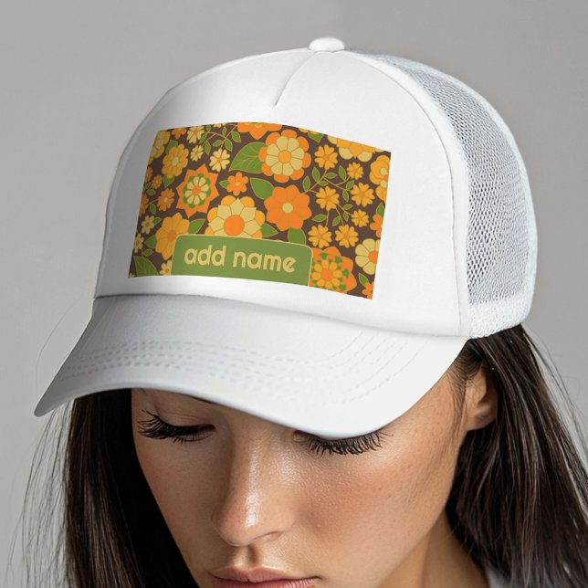 Casquette Motif floral tendance rétro avec bloc de nom (Custom Trucker Hat with Custom Text)