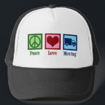 Casquette Mover Peace Love Moving Company Camion<br><div class="desc">Peace Love Moving Company. Un design d'entreprise de déménageur cool avec un signe de paix,  le coeur,  et camion de déménagement. Chargez des boîtes et commandez ces mignons déménageurs présents.</div>