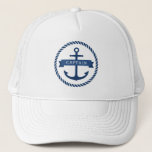 Casquette Nautical anchor rope border captain on banner<br><div class="desc">Trucker hat featuring a dark blue nautical anchor surrounded by a rope border. Across the anchor is a blue ribbon with a template field for your custom text. Default text "Captain".</div>