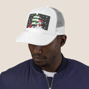 Casquette Neige tombant sur Cardinal, Snowman et Pine Tree
